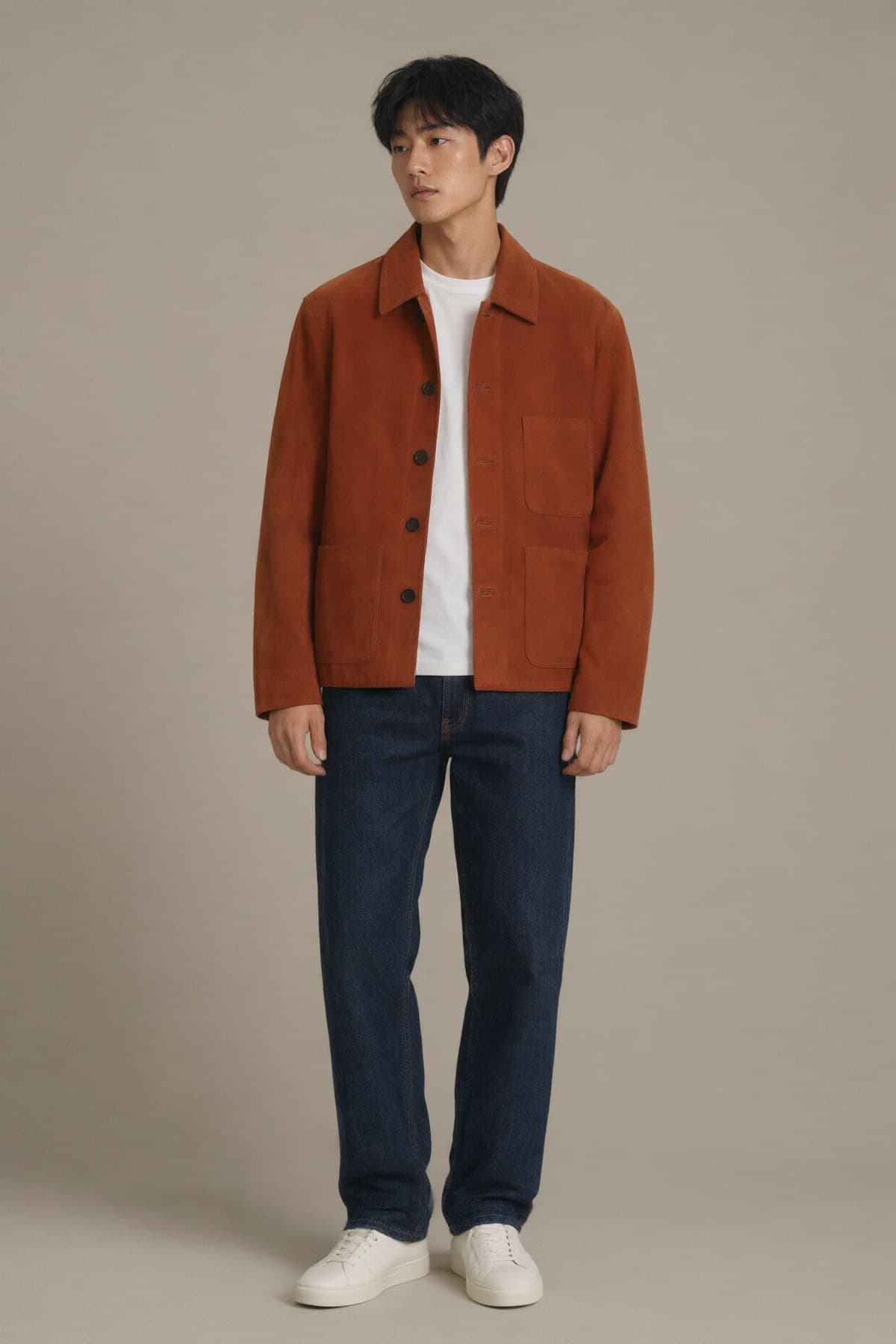 A man wears the rust suede jacket open over a white T-shirt with dark jeans and white sneakers.